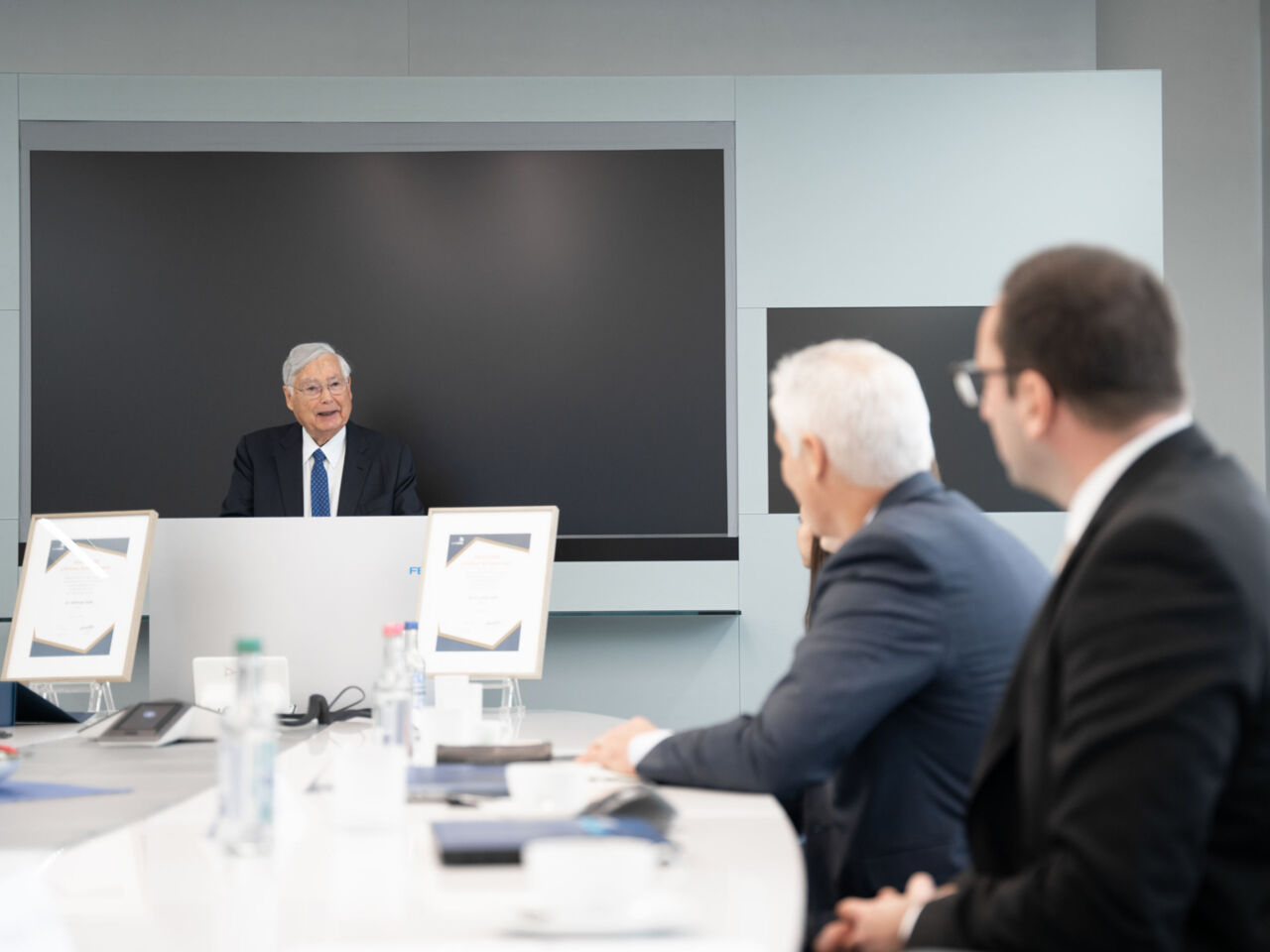 Dr Wilfried Stoll and Dr h.c. Kurt Stoll, owners of Festo, receiving a WorldSkills Lifetime Achievement award at Festo’s headquarters on 8 February 2024, in Esslingen am Neckar, Germany.