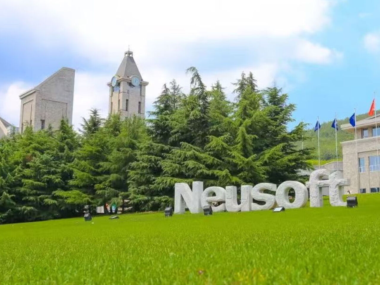 A large Neusoft logo on a grassy hill with towers in the background. 
