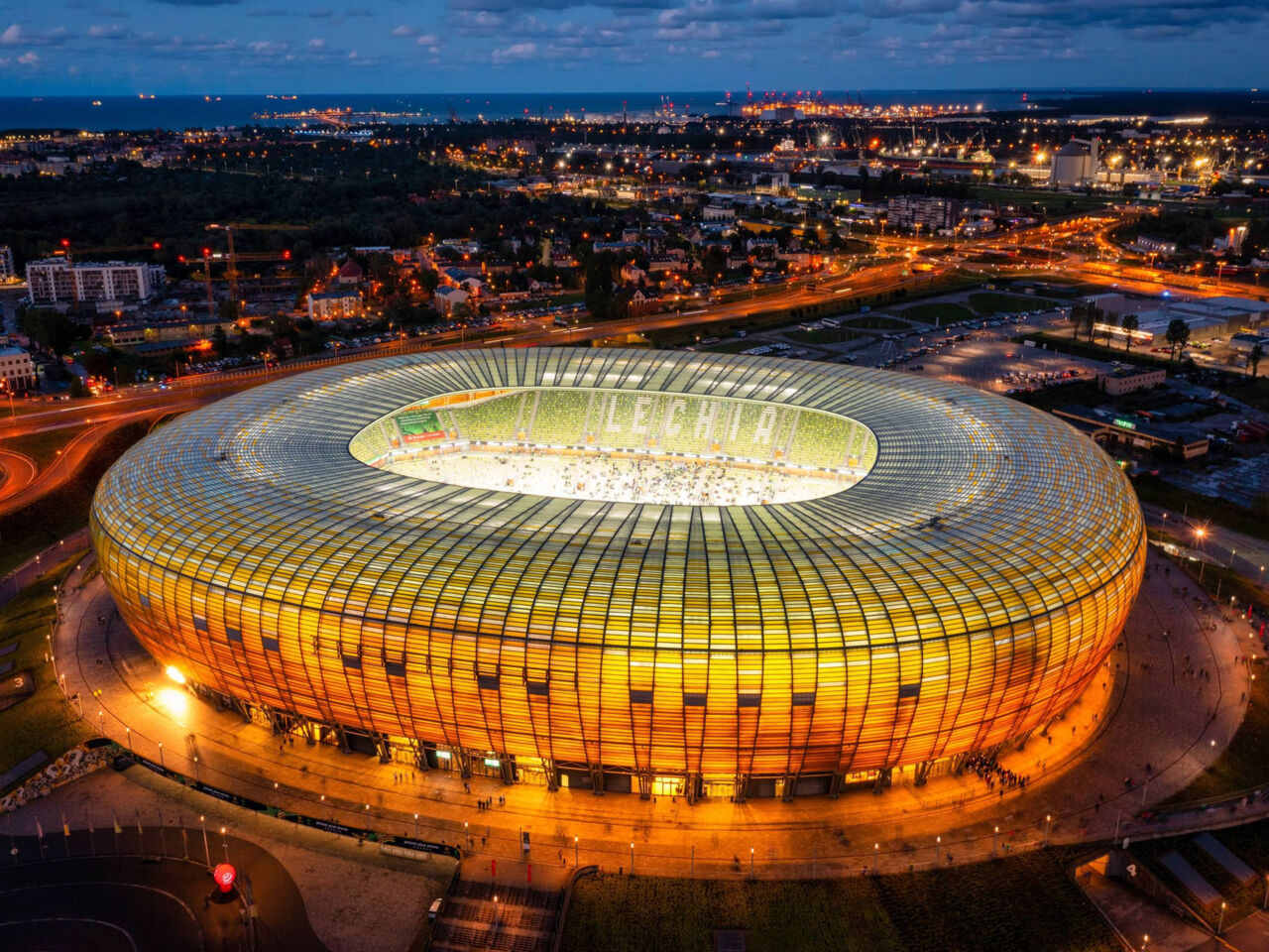 An aerial view of the Polsat Plus Arena Gdańsk, one of the venues for EuroSkills Gdańsk 2023. 

