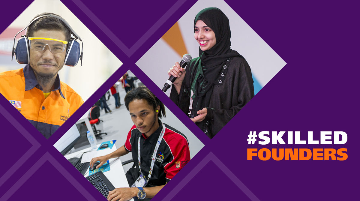 A promotional image for WorldSkills content theme in May 2021 - #SkillsFounders highlighted young people who have applied their skills expertise to entrepreneurial ventures.